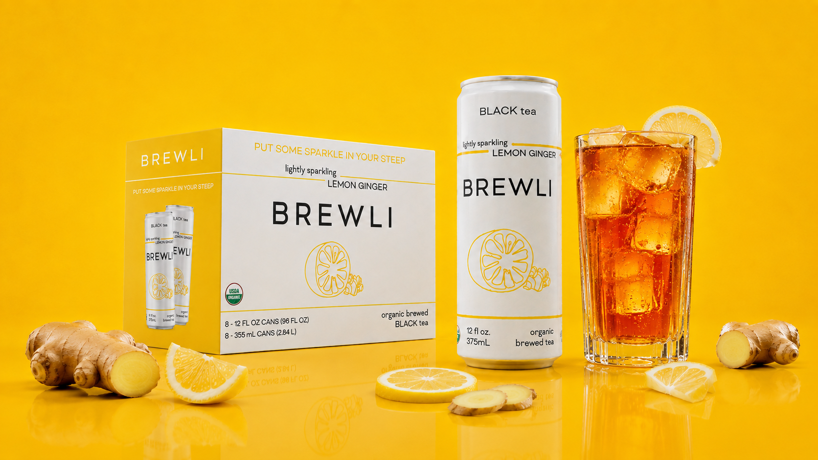 Brewli Organic Teas lemon ginger can and multipack packaging